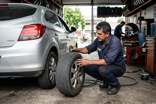 Mecânico avaliando a condição dos pneus em uma borracharia em Parnamirim.