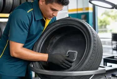 Mecânico realizando o conserto de um pneu em uma borracharia de Parnamirim.