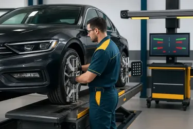 Técnico ajustando o alinhamento de rodas em uma borracharia de Parnamirim.